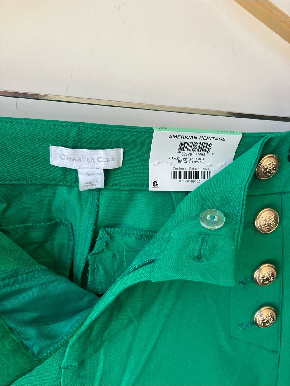 CHARTER CLUB American Heritage Green Wide Leg Pants Gold Buttons Size 8P NWT - Picture 4 of 12